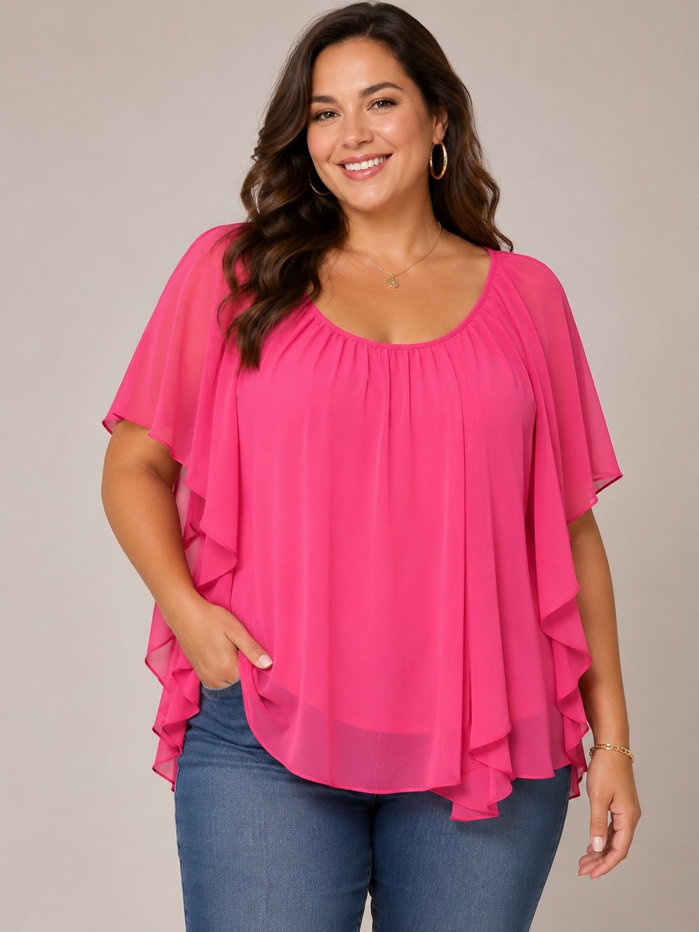 C Est 1946 22/24W Flutter Sleeve Scoop Neck Blouse - Hot Pink, Drape